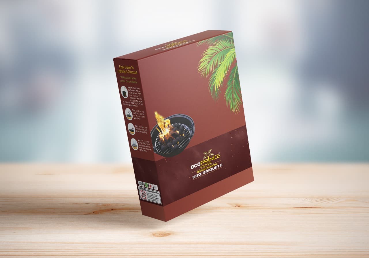 Eco Prince Cococoal instant-burning BBQ briquets box with lighting guide on the side